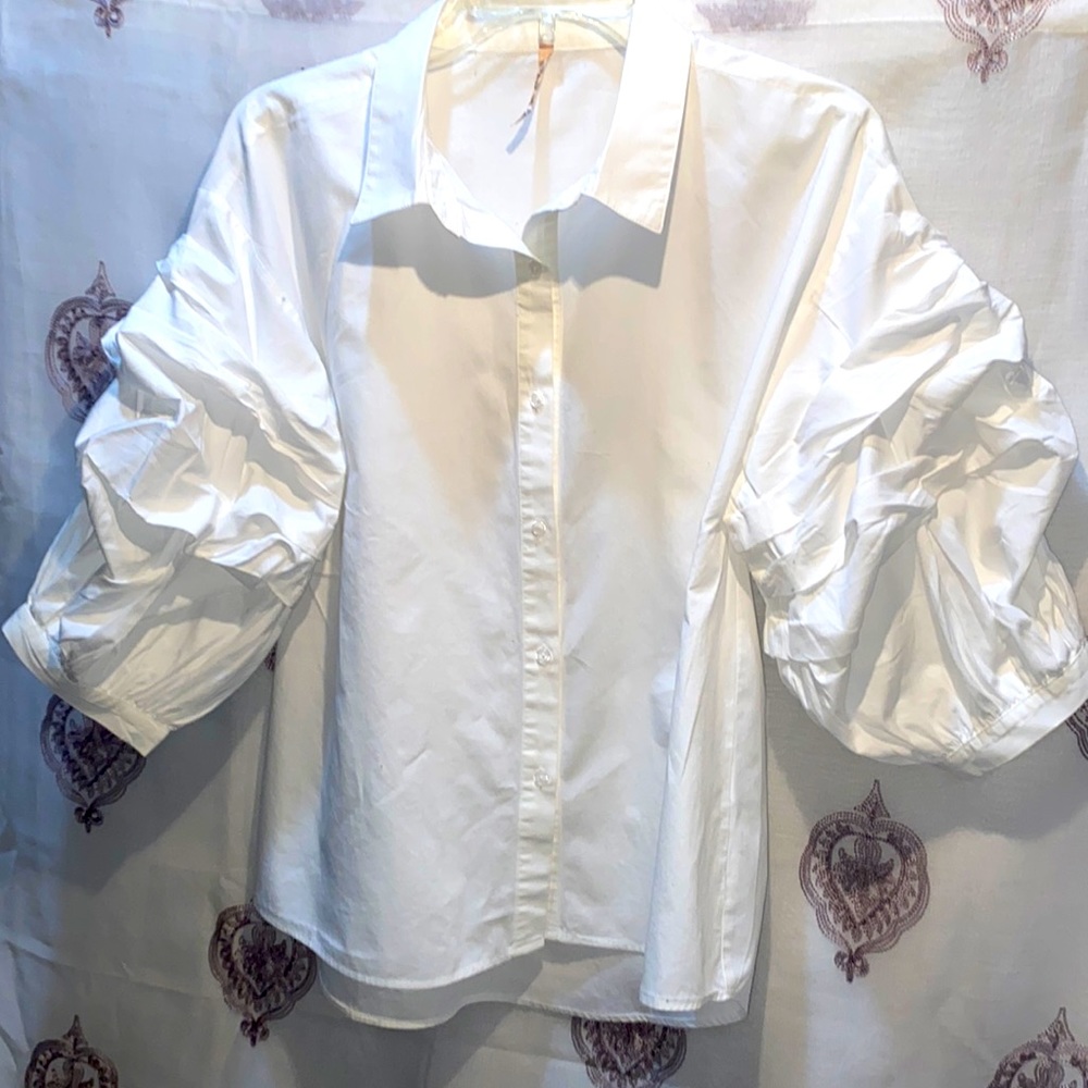 FRESH OF LA WHITE COTTON BALLOON SLEEVE BUTTON DOWN SHIRT SZ S